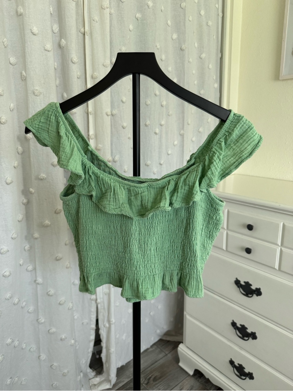 American Eagle Outfitters Sage Green Ruffle Off-Shoulder Crop Top